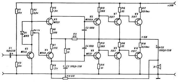 Усилитель НЧ 12 Вт на транзисторах П217