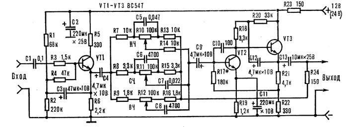 Трехполосный эквалайзер с пассивными фильтрами на транзисторах