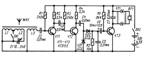 Приемник прямого усиления 2-v-1 на трех транзисторах